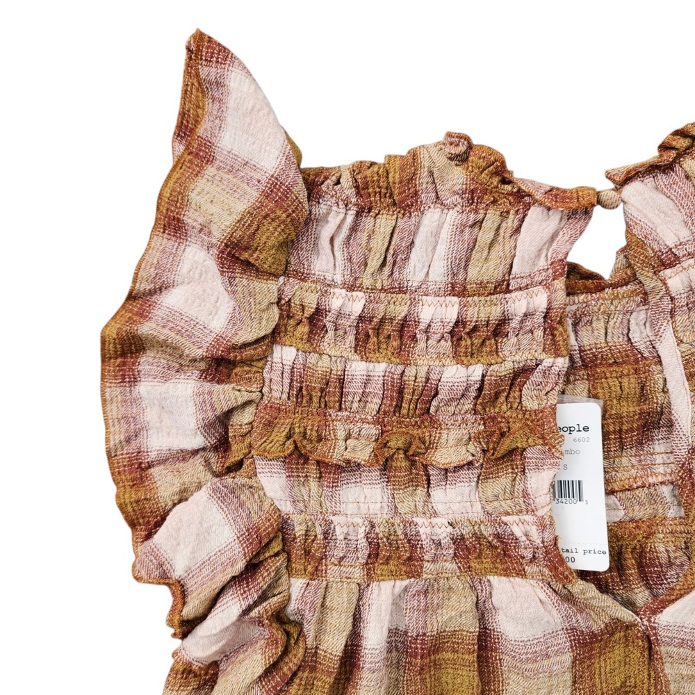 Free People Blush Plaid Smocked Ruffle Top Sz S NWT Boho Cottagecore - Picture 10 of 11